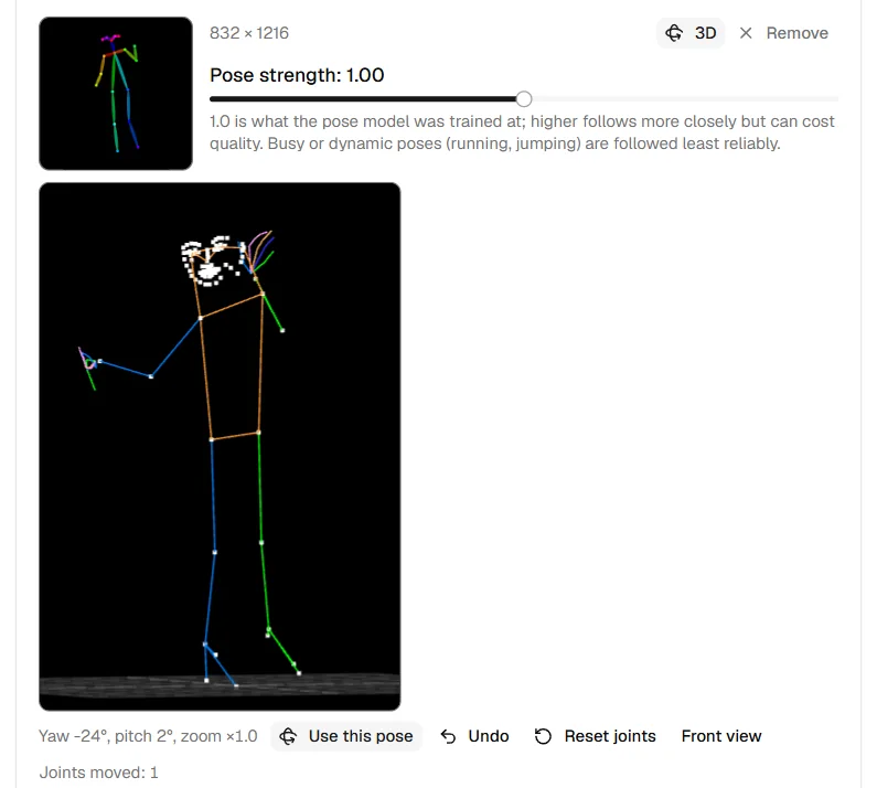 The skeleton and the 3D view turned to one side with a hand raised, Use this pose, Undo and Reset joints