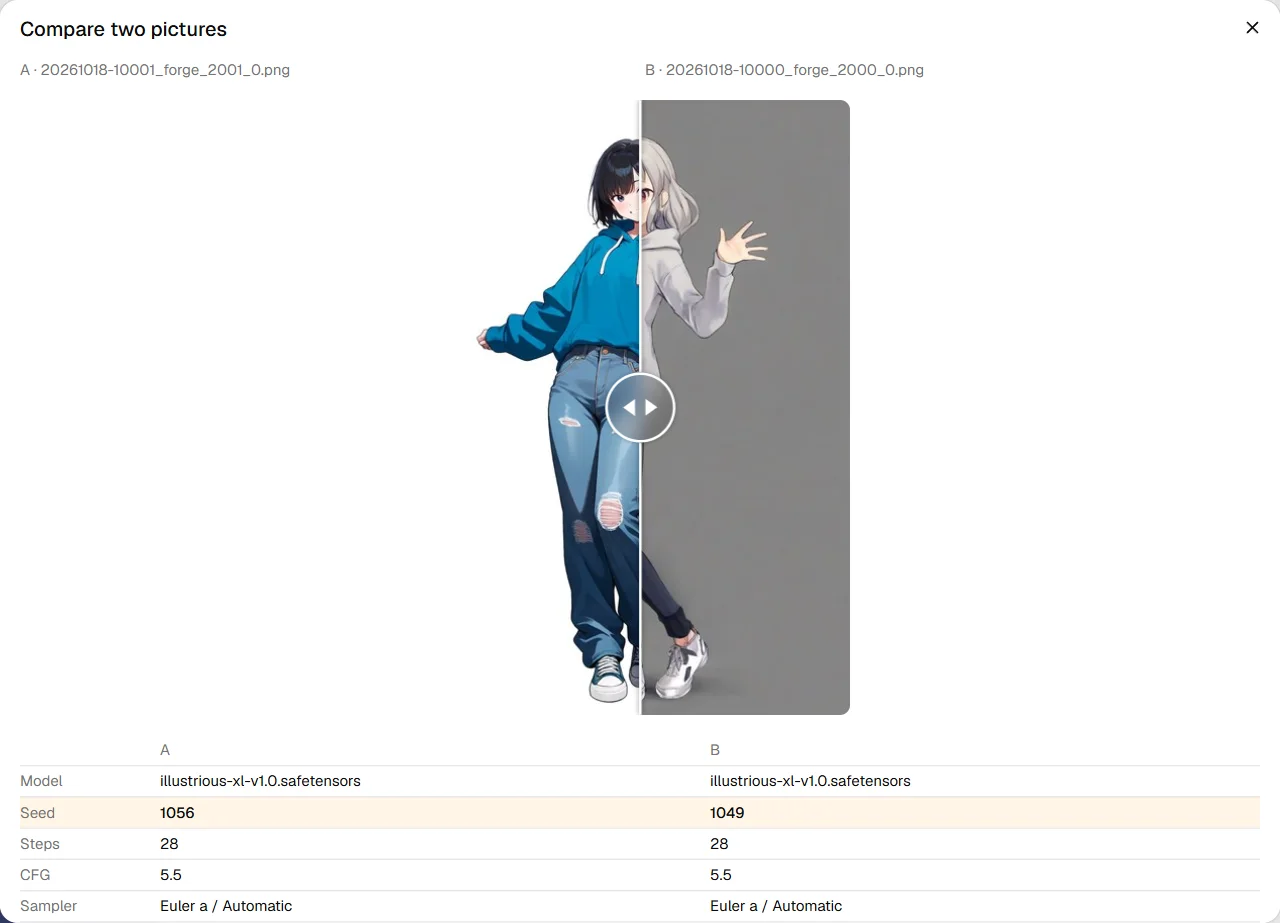 Two pictures of the same shape compared with a slider, and the settings that differ