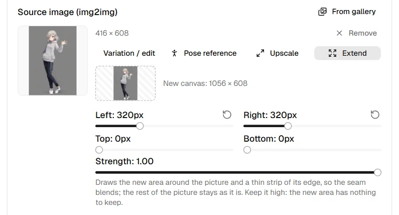 Extend on a source: Left and Right at 320 px, the new canvas 1056 × 608 previewed with the picture in place