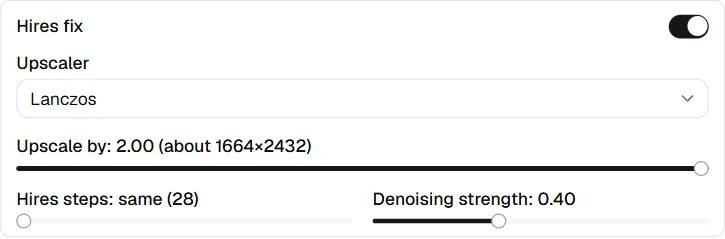 The Hires fix section switched on: upscaler, upscale by, hires steps and denoising strength
