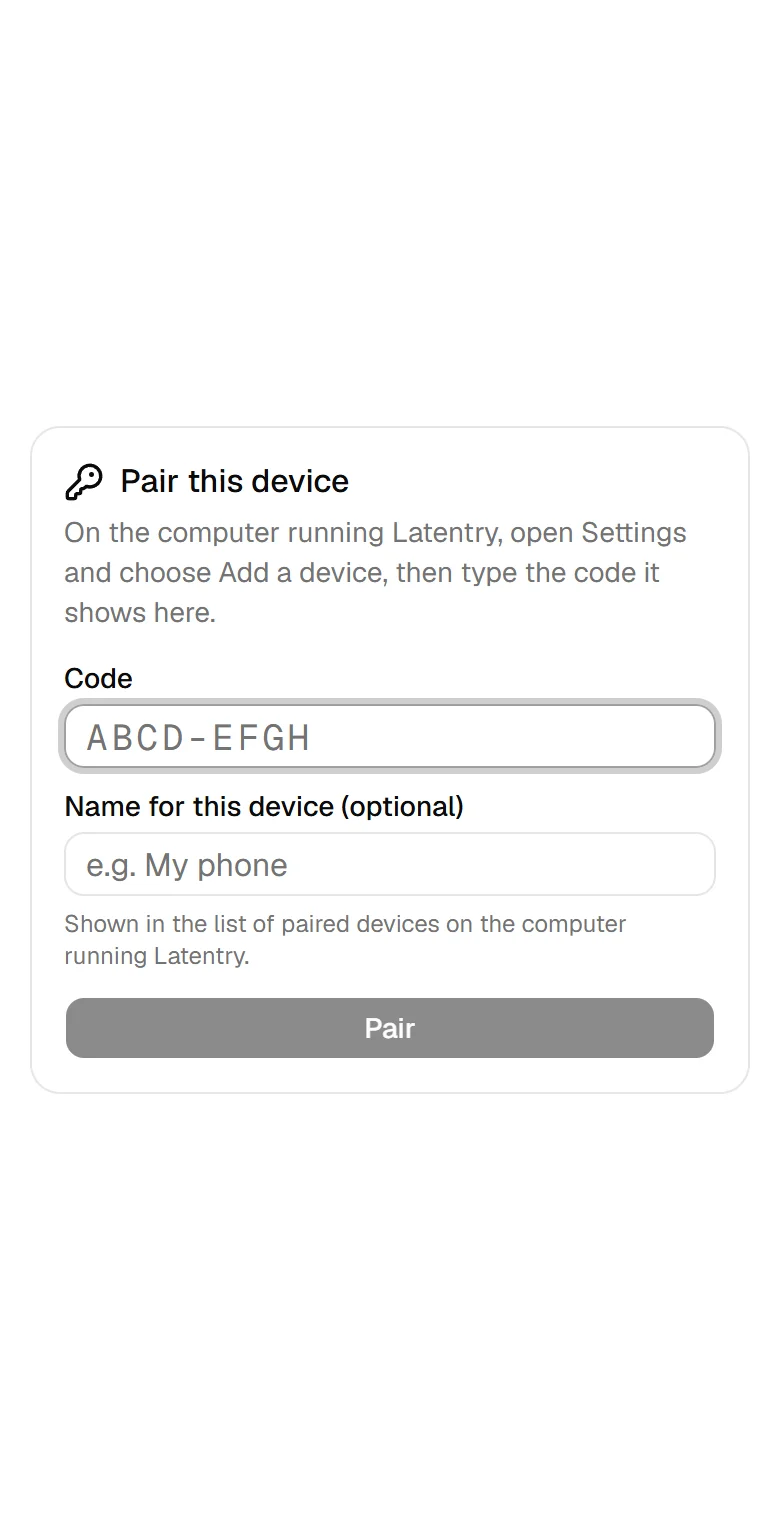 Pair this device on a phone: the code and an optional name