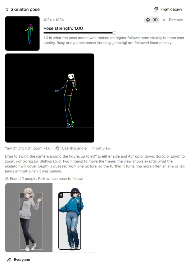 Two people found in the reference, the second one chosen, and the 3D view