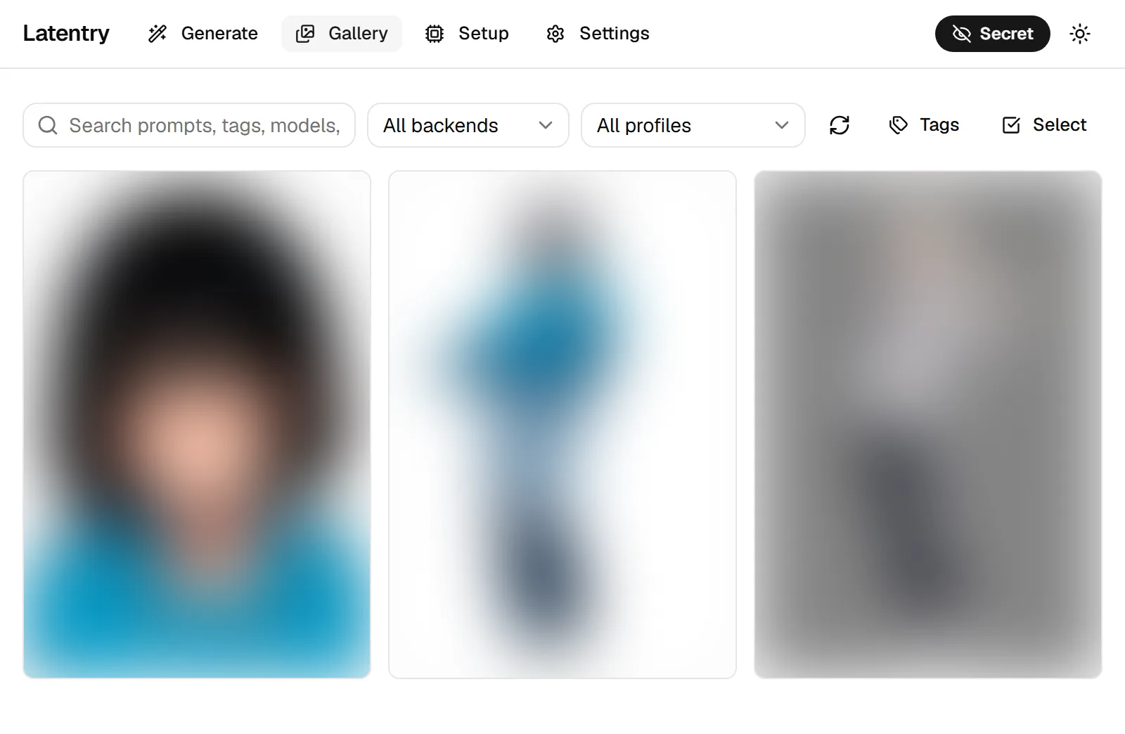 The gallery in secret mode: the header shows Secret, and the pictures are blurred