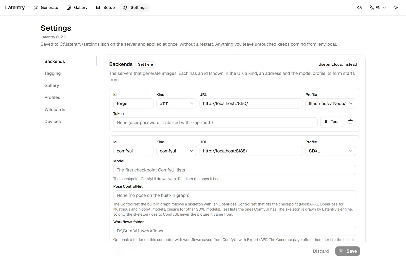 The Settings page: the list of sections on the left, with Backends open