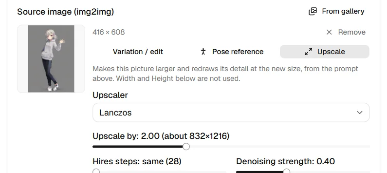 A source picture set to Upscale, with its upscaler and size
