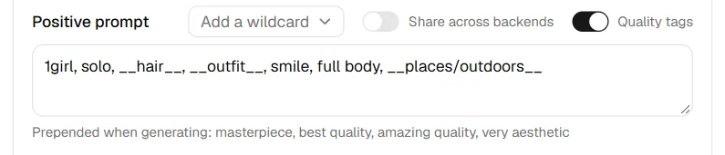 The positive prompt with three wildcards, __hair__, __outfit__ and __places/outdoors__, and the Add a wildcard button above it
