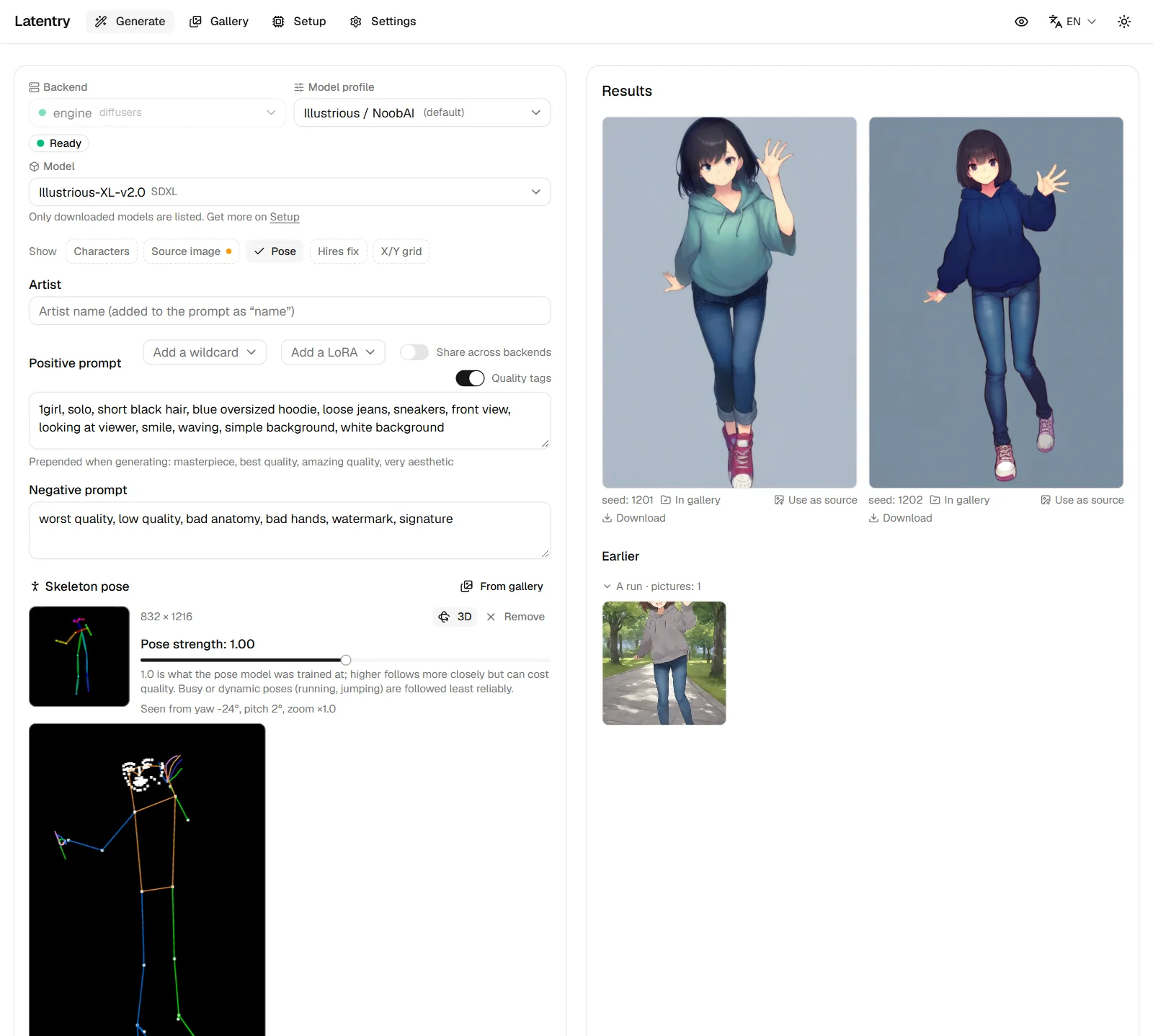 The generate page: a reference's pose with a hand raised and turned in the 3D view, and the two pictures generated from it